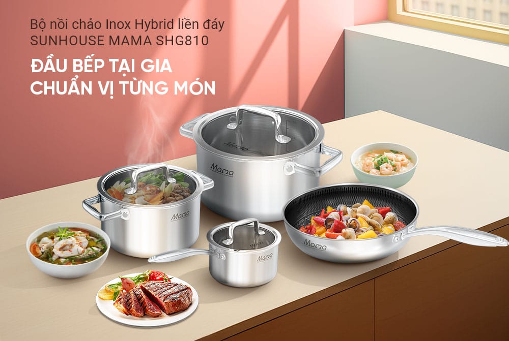 Bộ nồi chảo inox Sunhouse Mama SHG810 liền đáy