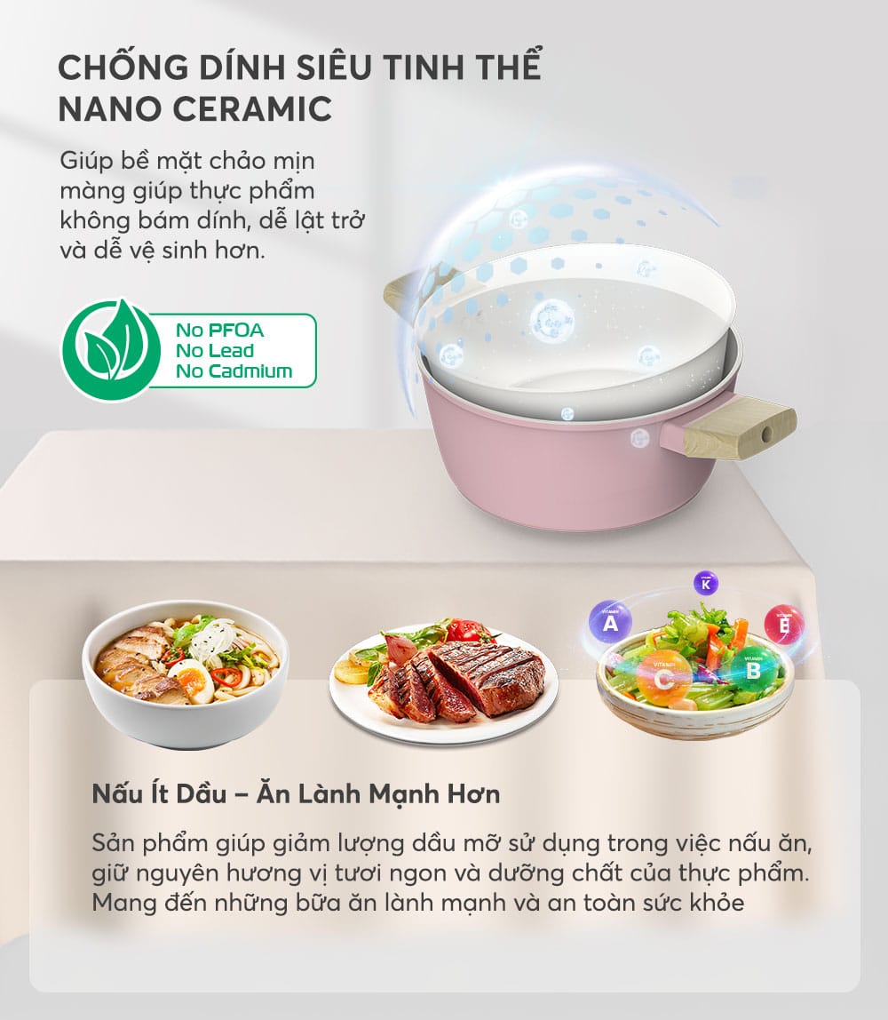 Lớp Chống Dính Nano Ceramic Siêu Bền, Dễ Dàng Chế Biến